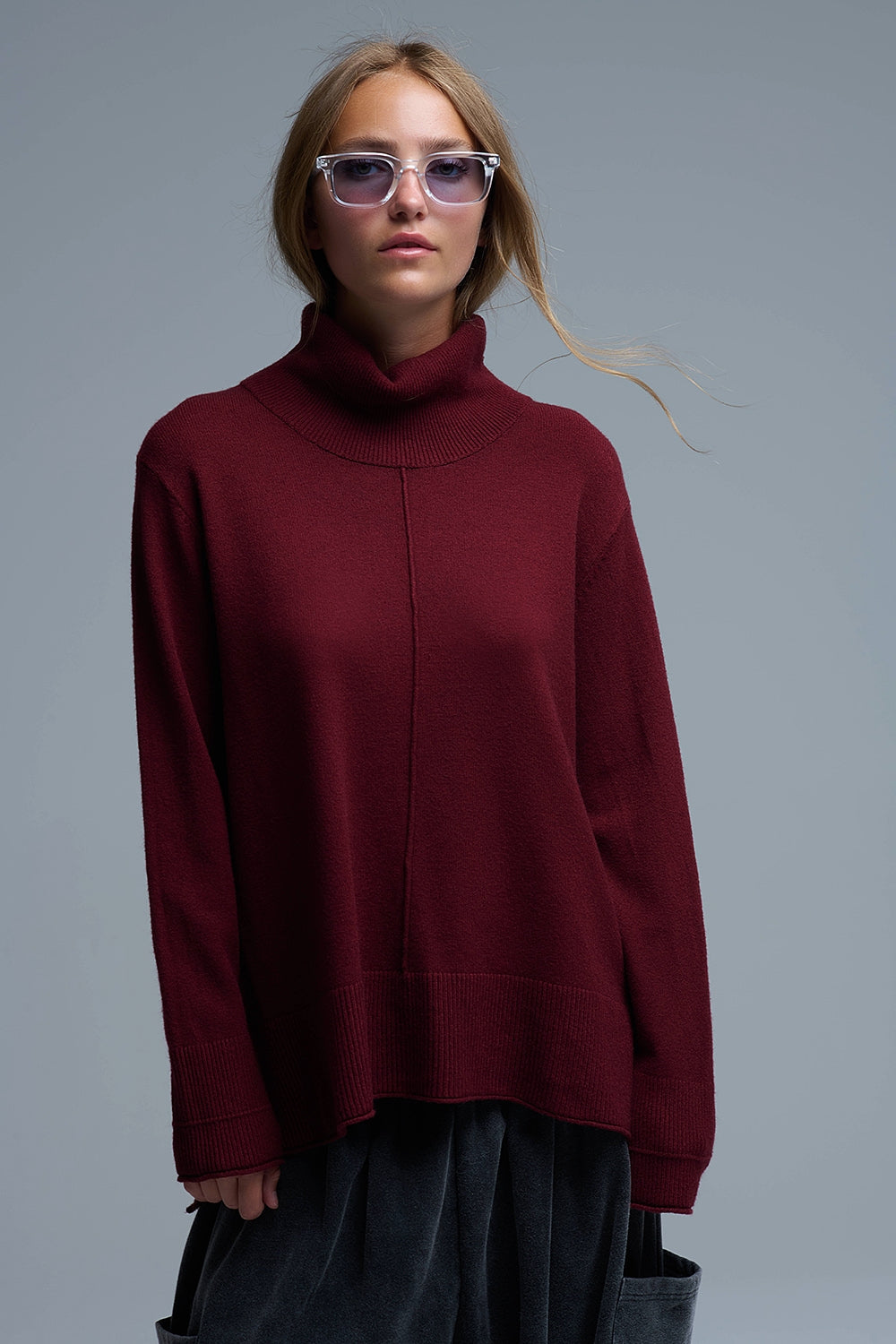 Camisola com gola redonda de grandes dimensões em Borgonha