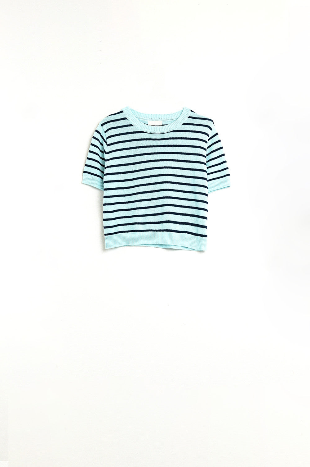 Camisola Crop Verde Menta com Riscas Azul Marinho