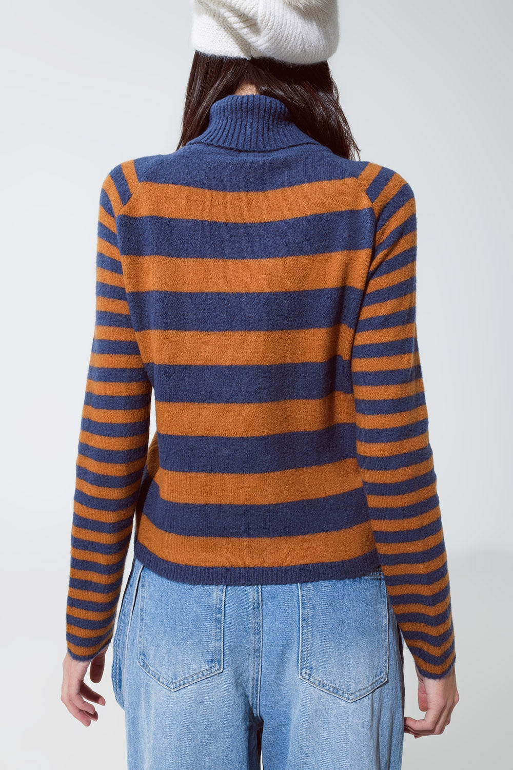 Camisola de gola alta com riscas em azul e castanho