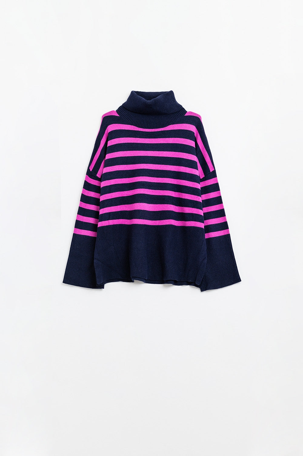 Camisola de gola alta em azul-marinho com riscas fúcsia e fendas laterais