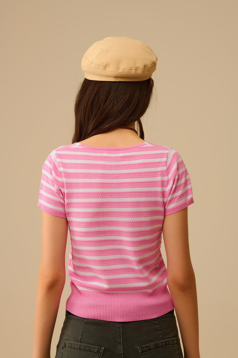 Camisola de gola quadrada às riscas em rosa e branco