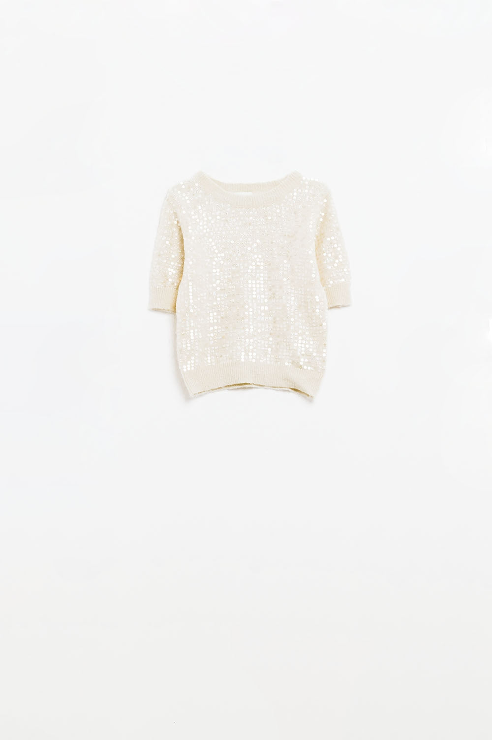Camisola de lantejoulas de manga curta em creme