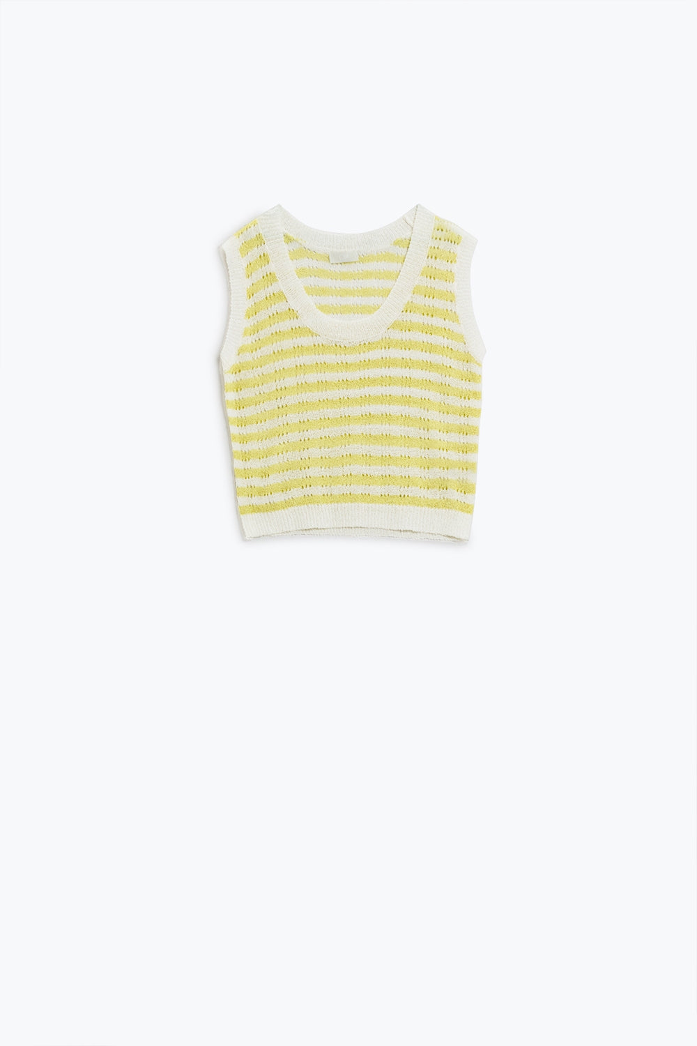 Camisola de malha aberta com corte às riscas e sem mangas em amarelo e branco