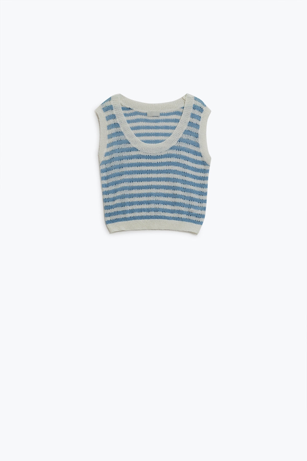 Camisola de malha aberta com corte às riscas e sem mangas em azul e branco