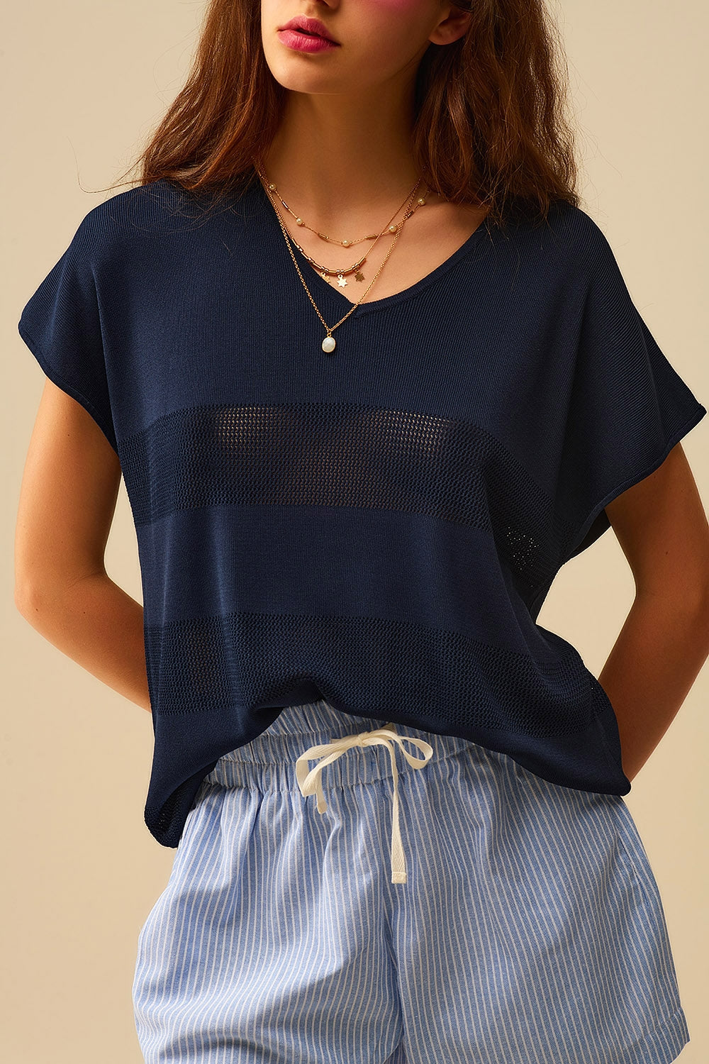 Camisola de malha com riscos azul-marinho