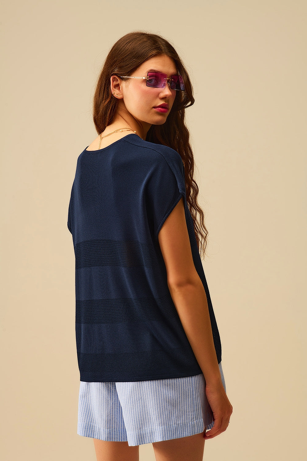 Camisola de malha com riscos azul-marinho
