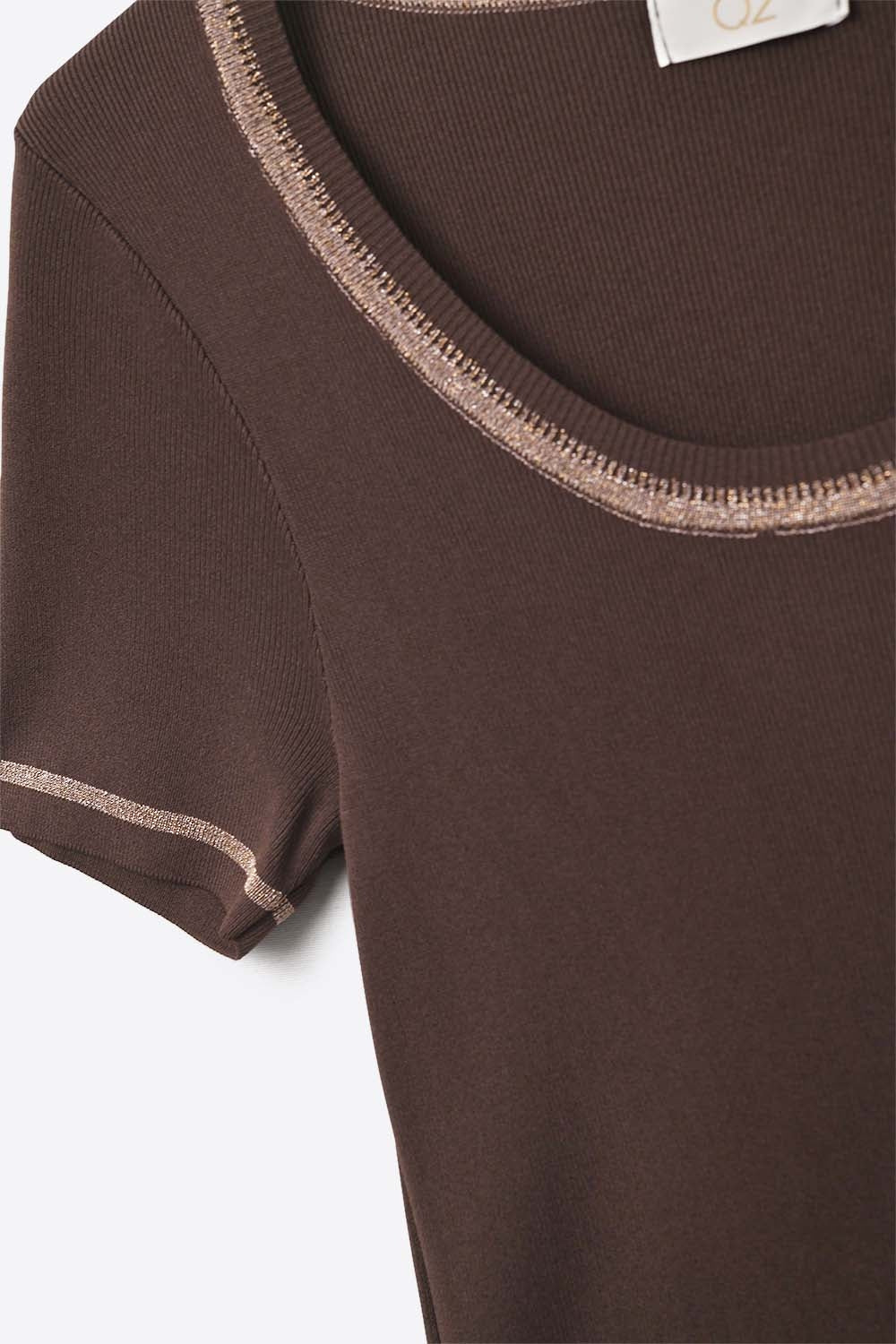 Camisola de malha fina Em castanho Com costura prateada no pescoço redondo