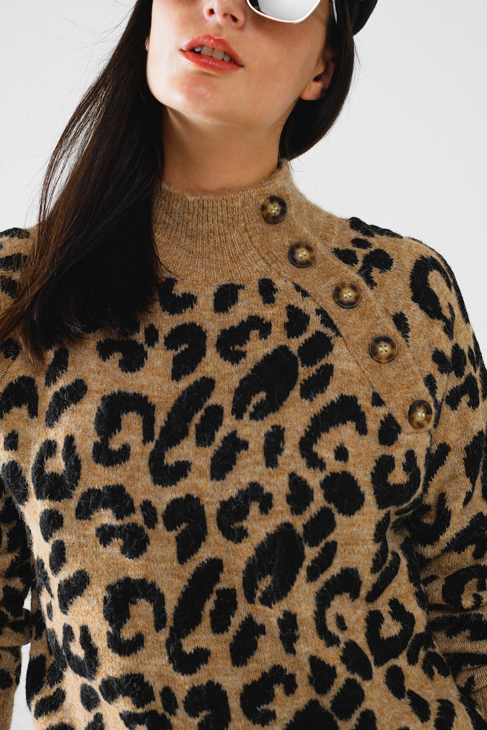 Camisola de malha leopardo com botões de lado