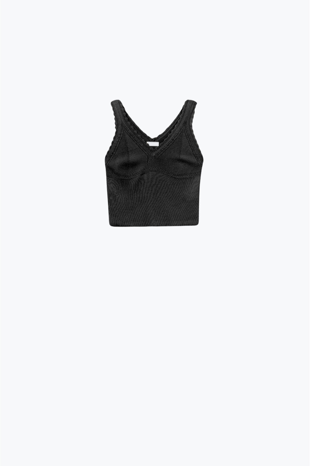 Camisola de malha preta com decote em V e rebordos recortados