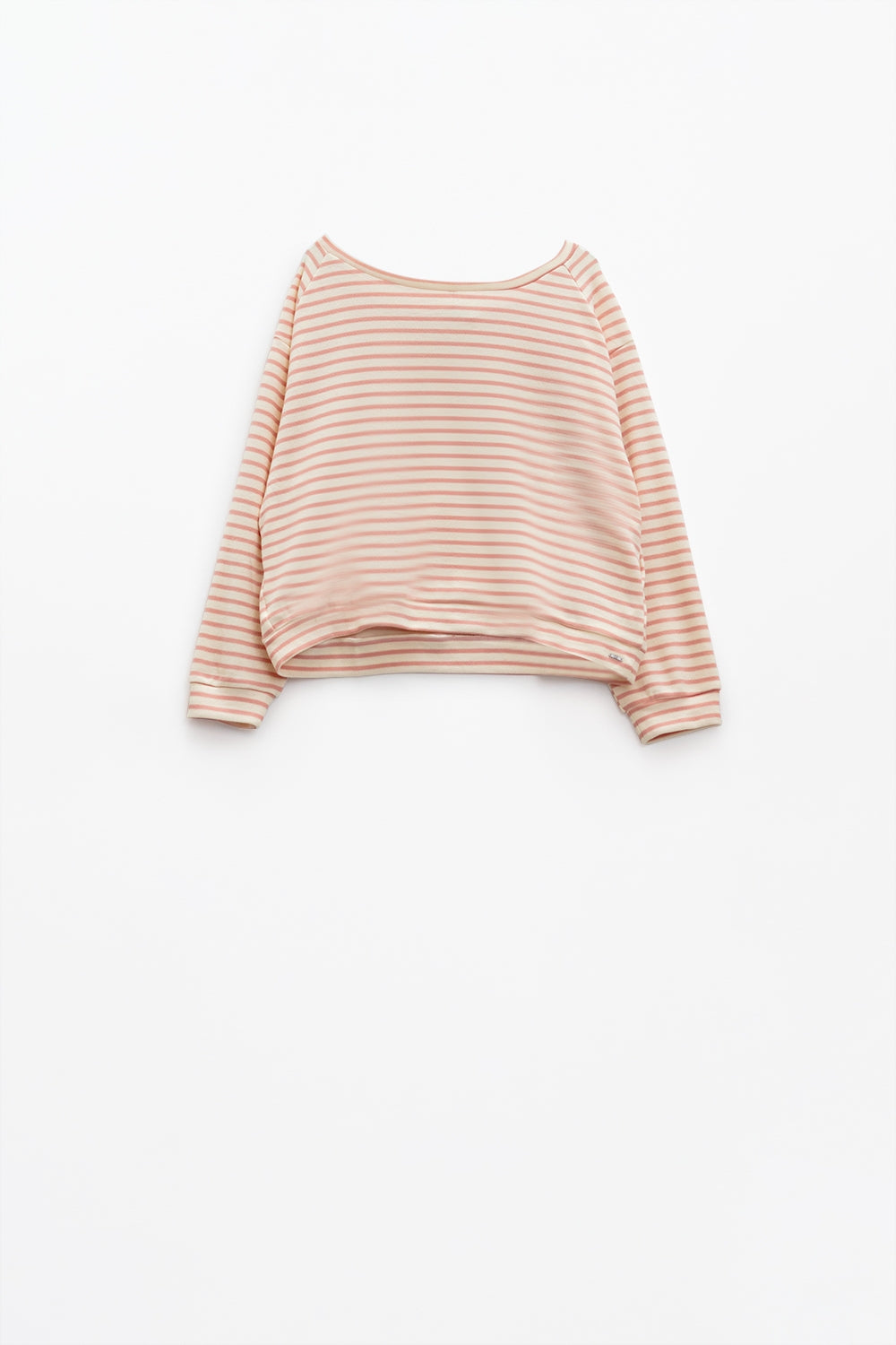 Camisola de manga comprida branca com riscas cor-de-rosa e gola redonda