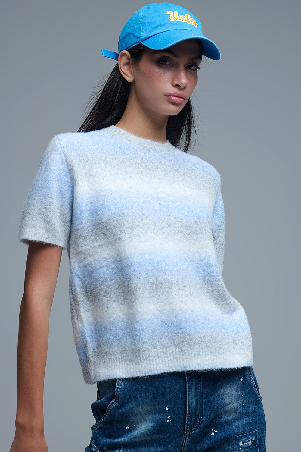 Camisola de manga curta às riscas Ombré em azul
