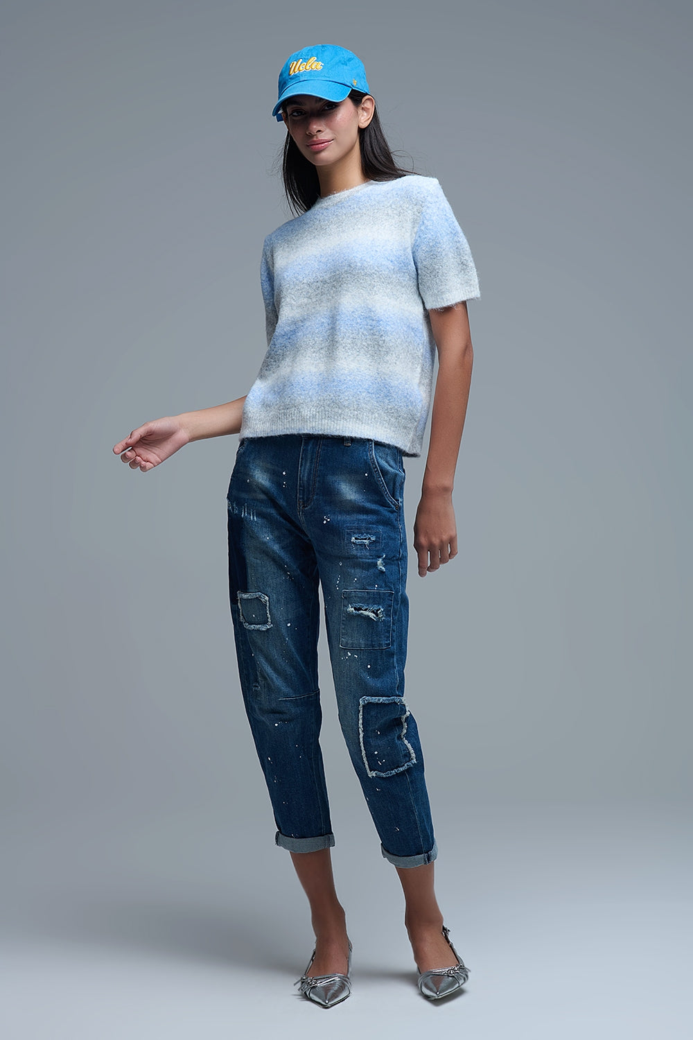 Camisola de manga curta às riscas Ombré em azul