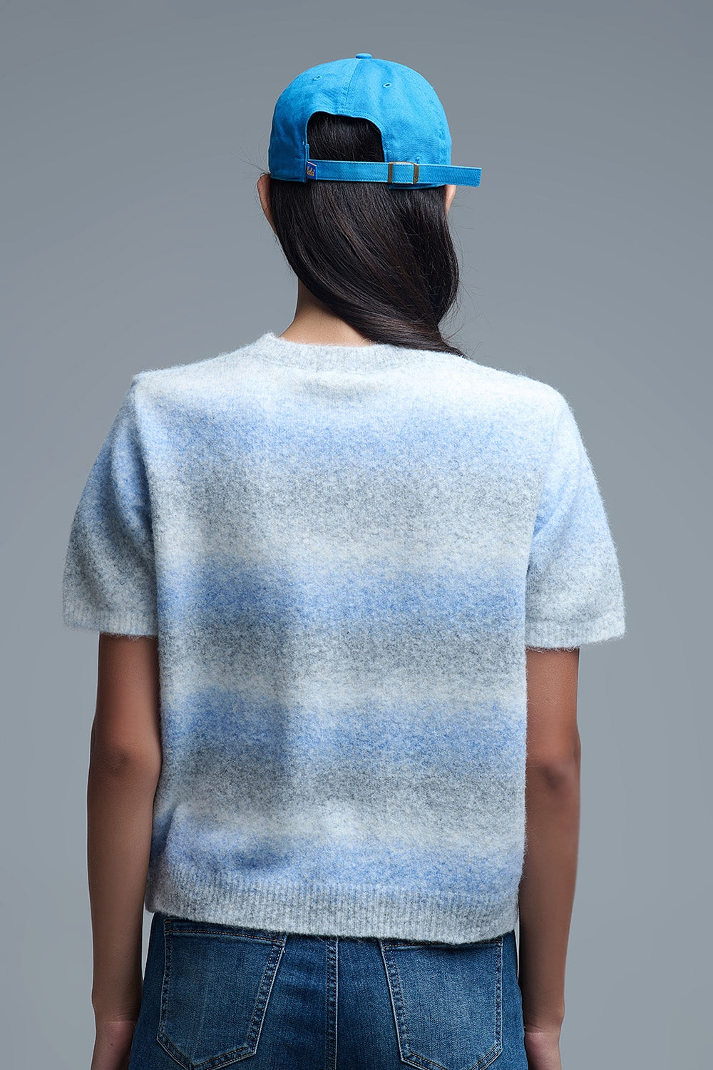 Camisola de manga curta às riscas Ombré em azul