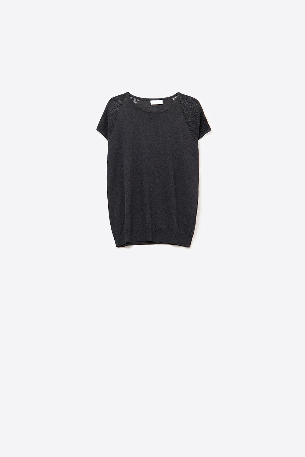 Q2 Camisola de manga curta com nervuras preta e malha no ombro