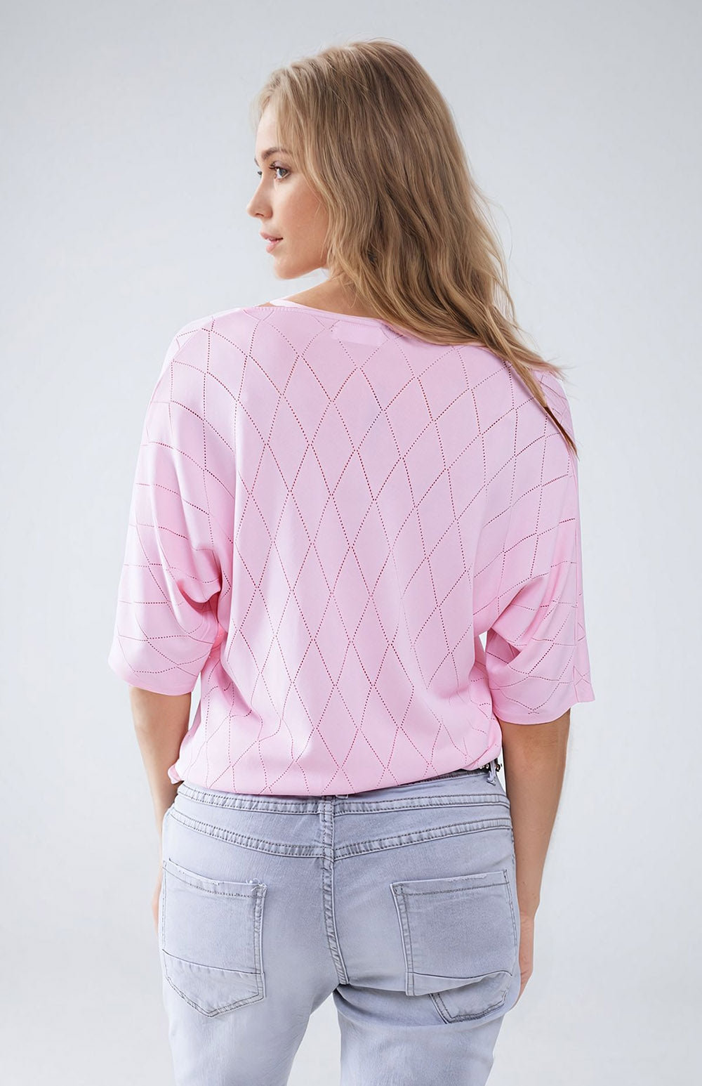 Camisola de manga curta rosa claro com padrão Argyle