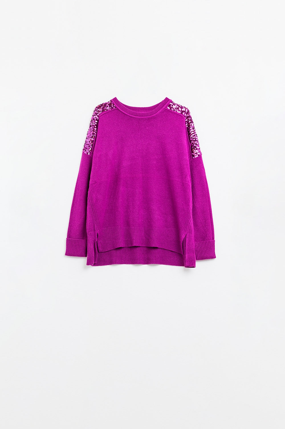 Camisola de mangas compridas fúcsia com lantejoulas nos ombros