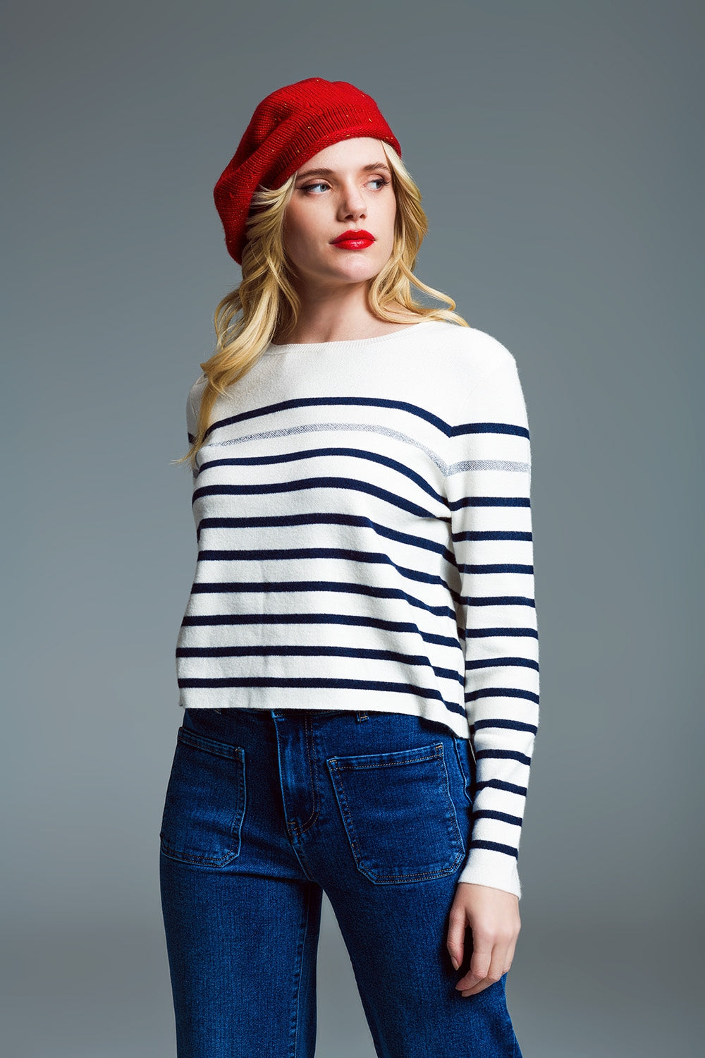 Camisola de riscos estilo marinho com detalhes de botões no ombro