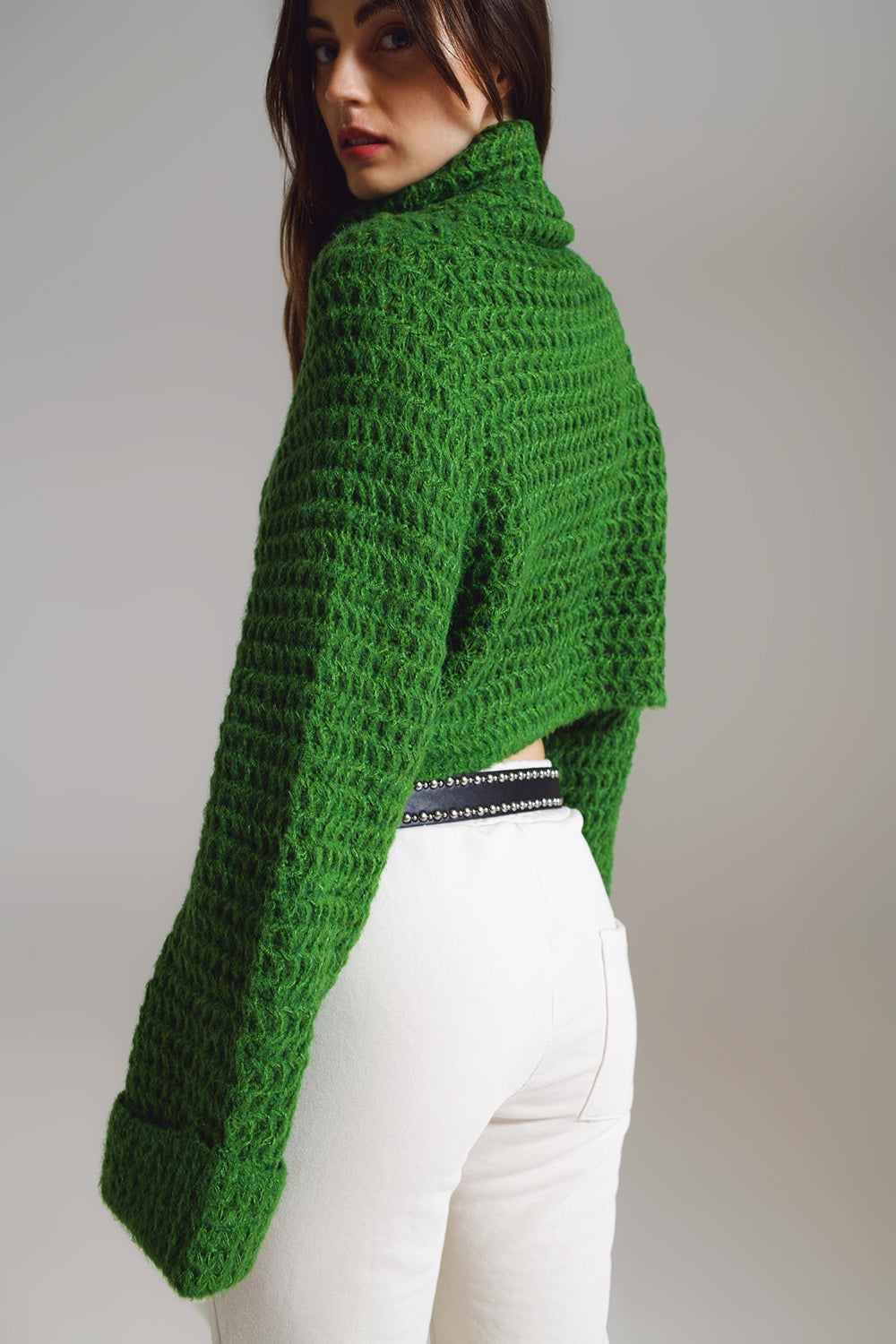 Camisola de Tricô Waffle com Gola Alta e Punhos Dobrados em Verde