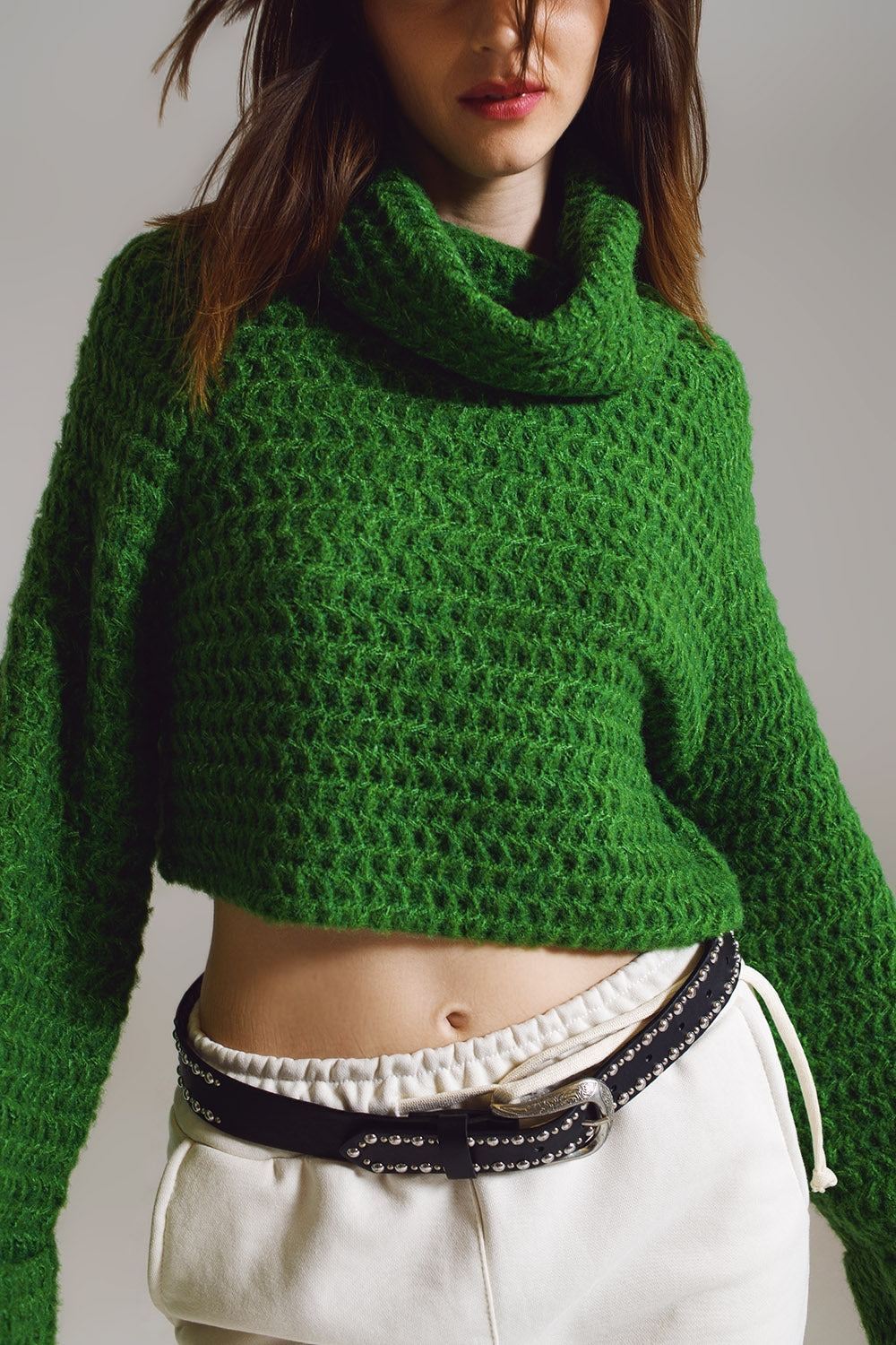 Camisola de Tricô Waffle com Gola Alta e Punhos Dobrados em Verde