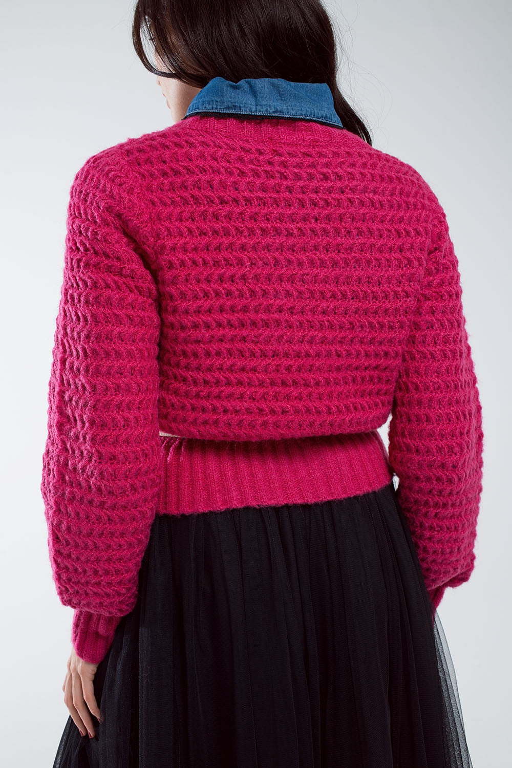 Camisola descontraída de malha waffle com gola alta em vermelho