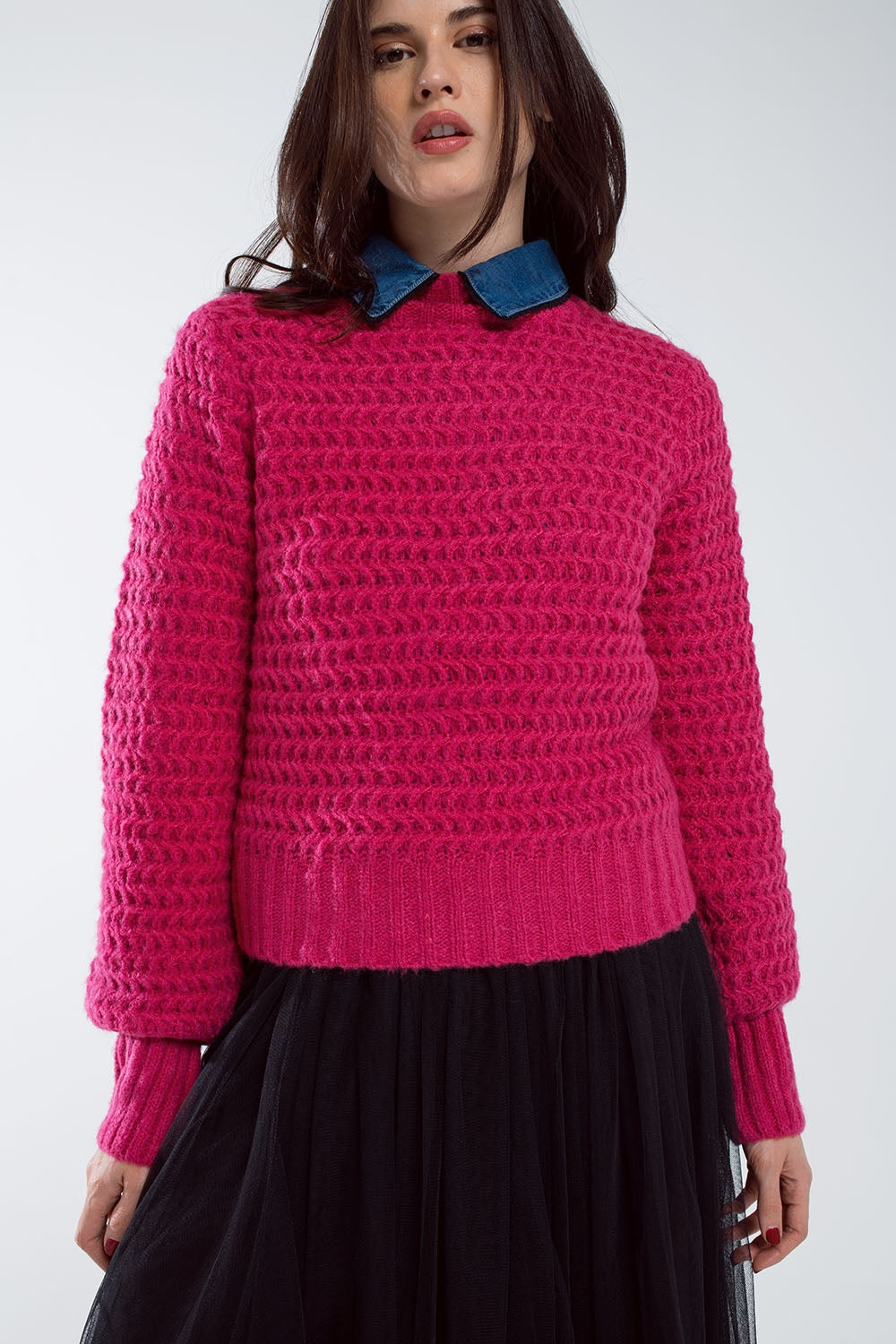 Camisola descontraída de malha waffle com gola alta em vermelho