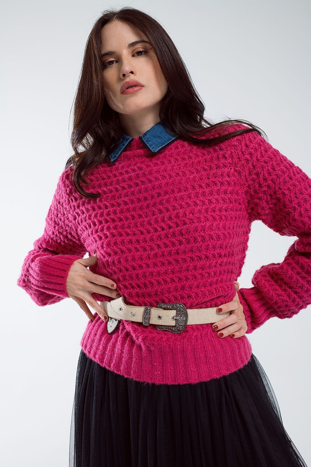 Camisola descontraída de malha waffle com gola alta em vermelho