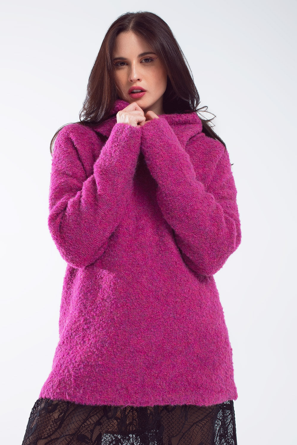 Camisola larga com gola bardot em magenta