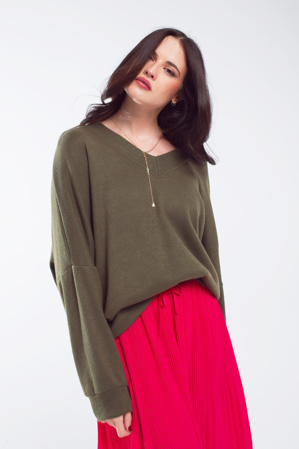 Camisola Oversized verde azeitona com decote em V