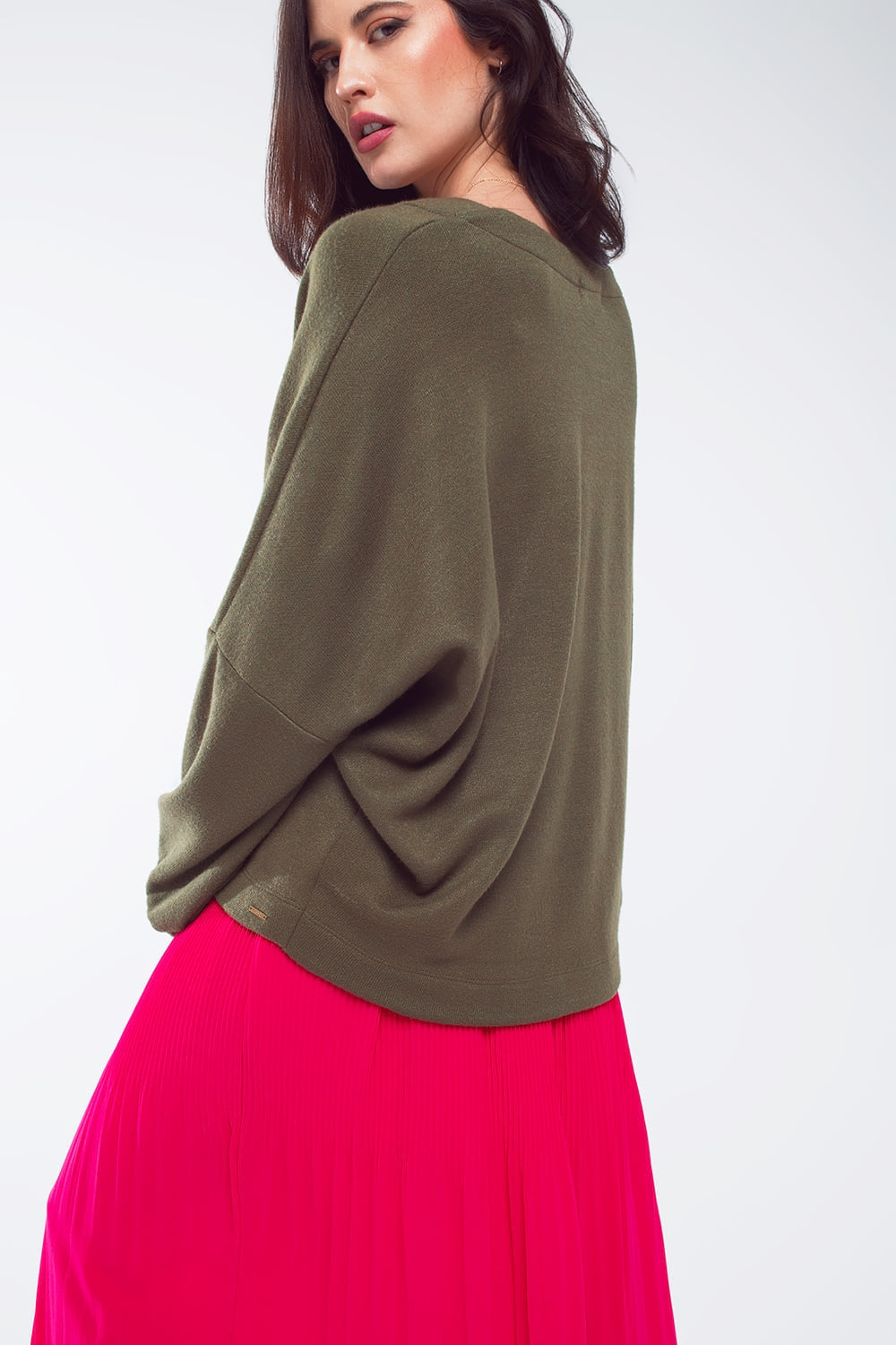 Camisola Oversized verde azeitona com decote em V