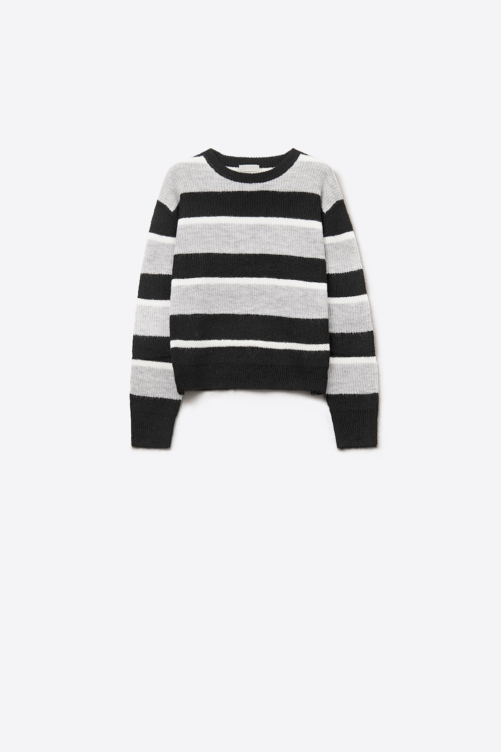 Camisola preta com riscas brancas e cinzentas
