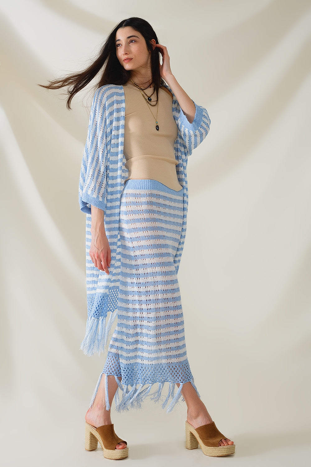 Casaco de malha azul estilo Boho com riscas de malha Pointelle e detalhes de franjas