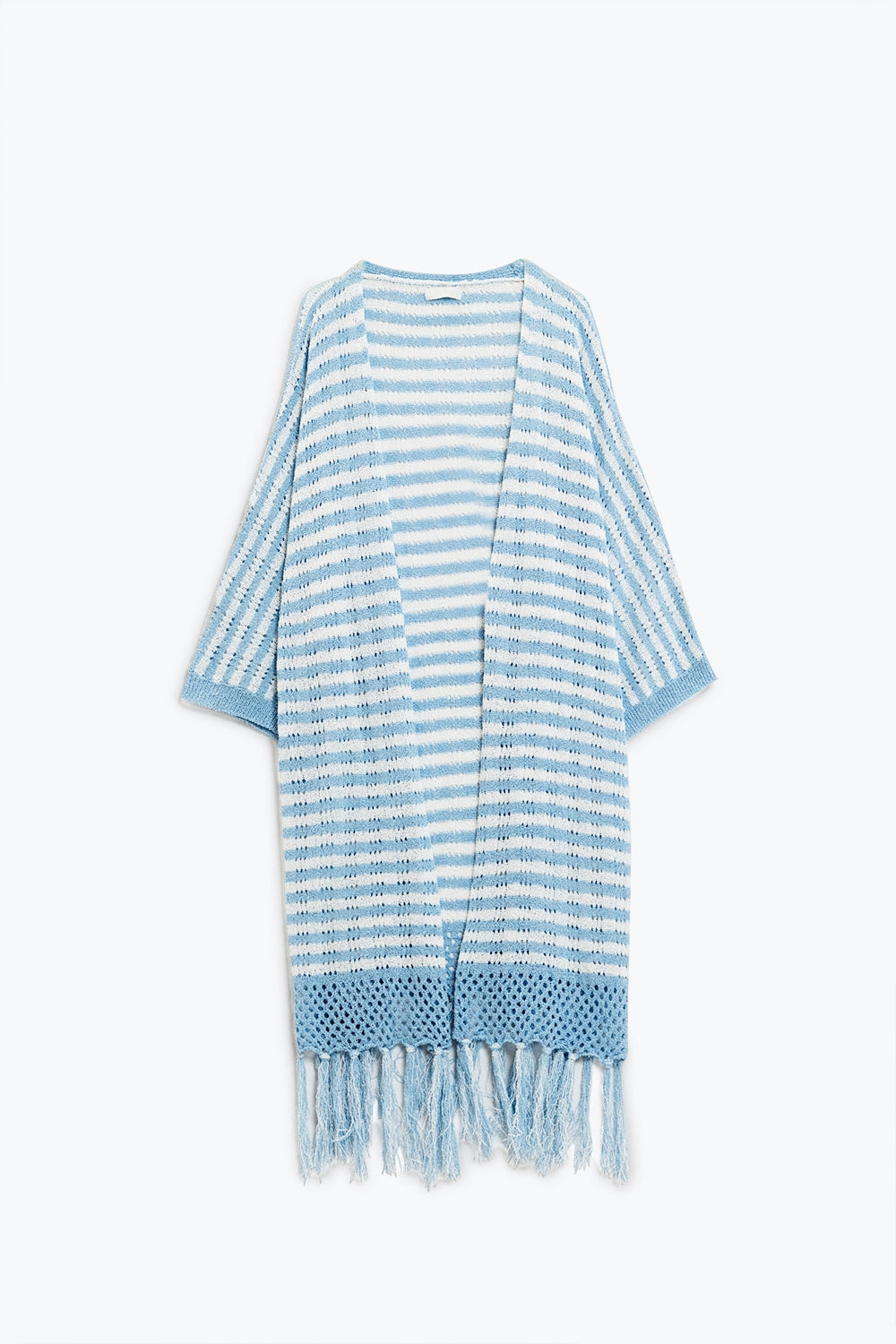 Casaco de malha azul estilo Boho com riscas de malha Pointelle e detalhes de franjas