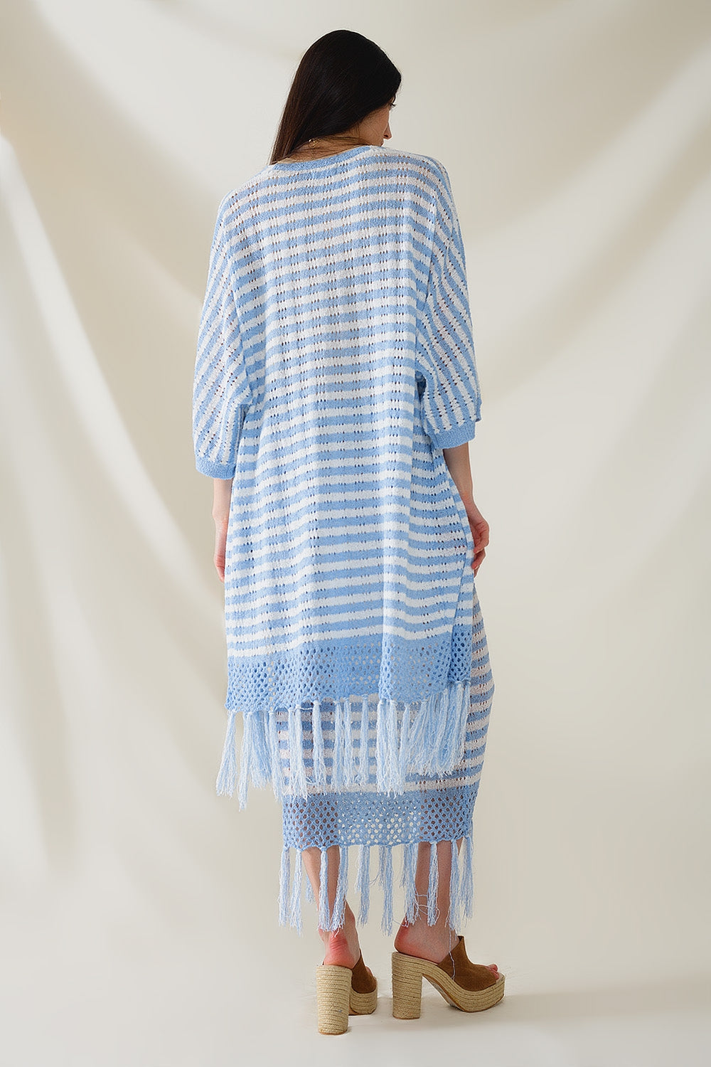 Casaco de malha azul estilo Boho com riscas de malha Pointelle e detalhes de franjas