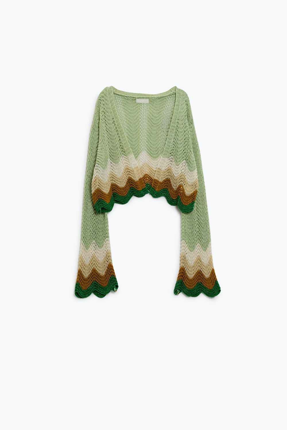 Q2 Casaco de malha curto com mangas de anjo e pormenor ondulado multicolor em verde