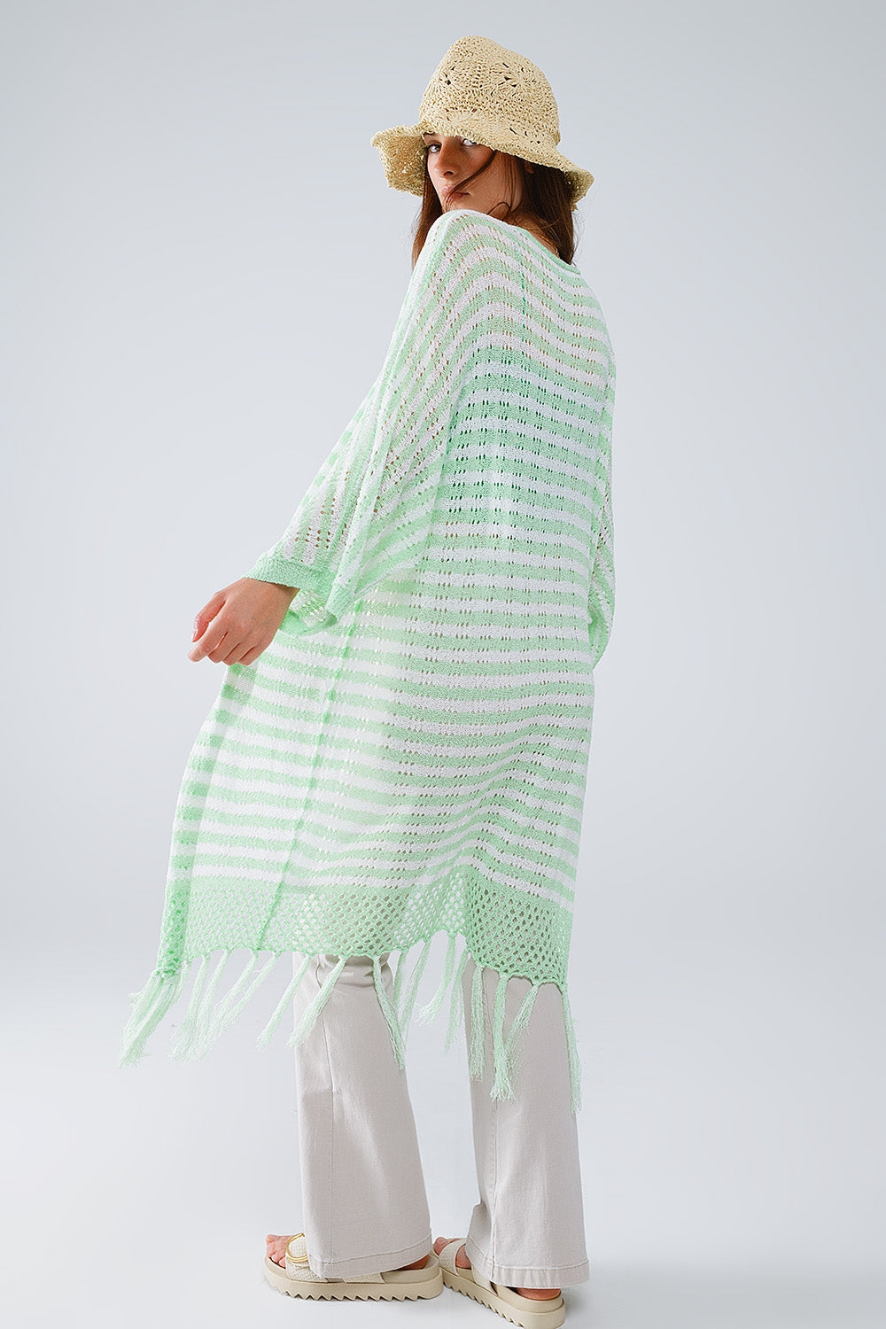 Casaco de malha verde estilo Boho com riscas de malha Pointelle e detalhes de franjas