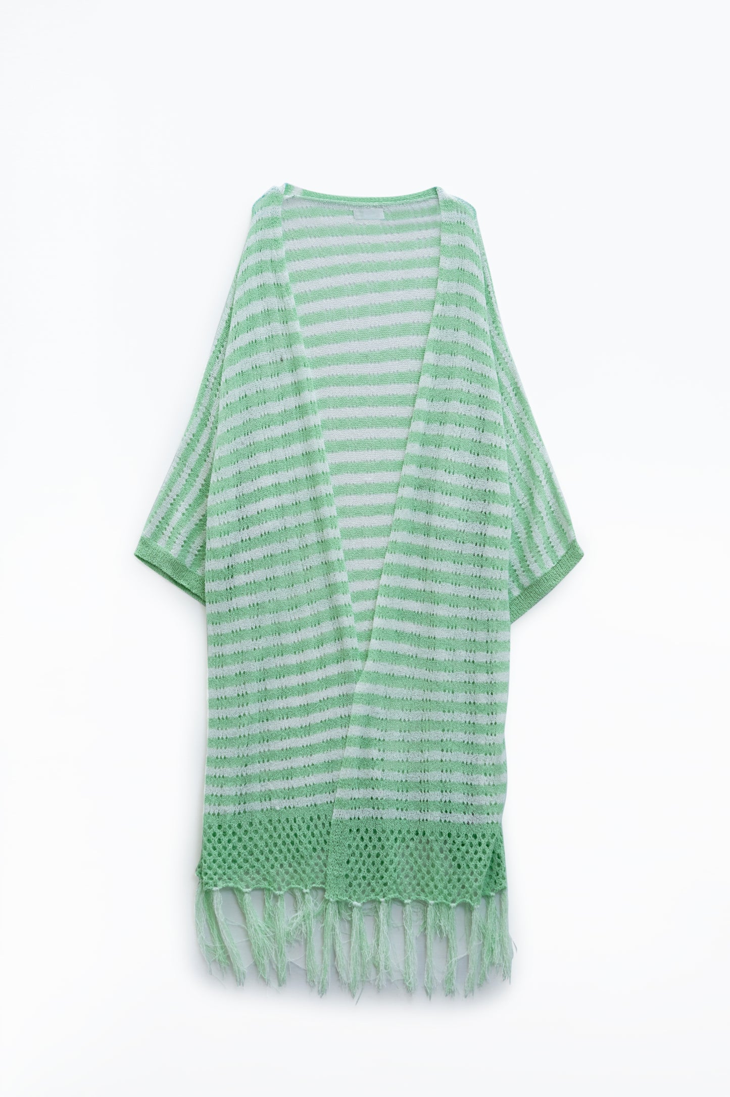 Casaco de malha verde estilo Boho com riscas de malha Pointelle e detalhes de franjas