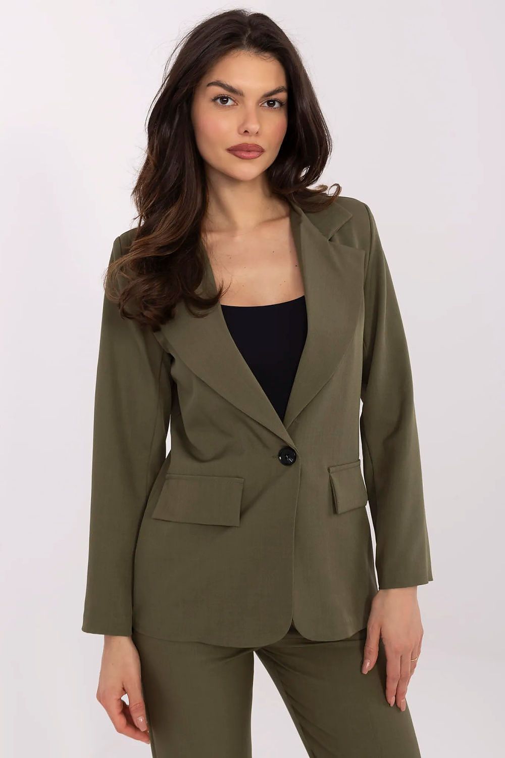 Italy Moda casual elegant blazer for women in olive green with single button and flap pockets