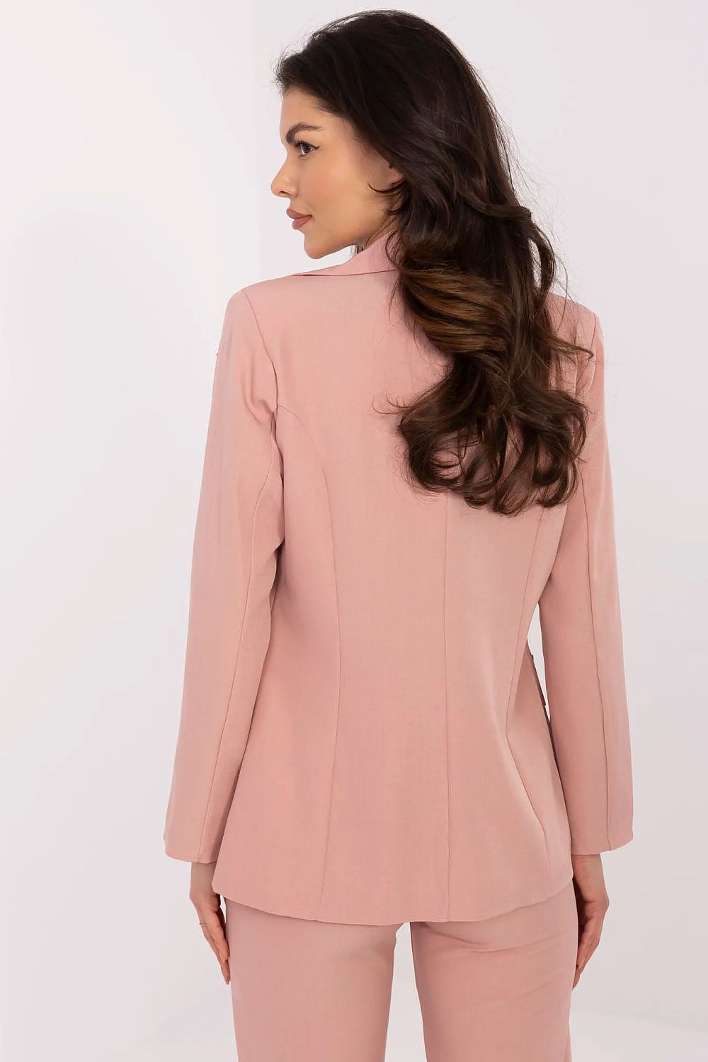 Woman wearing a pink casual elegant blazer for women by Italy Moda shown from the back