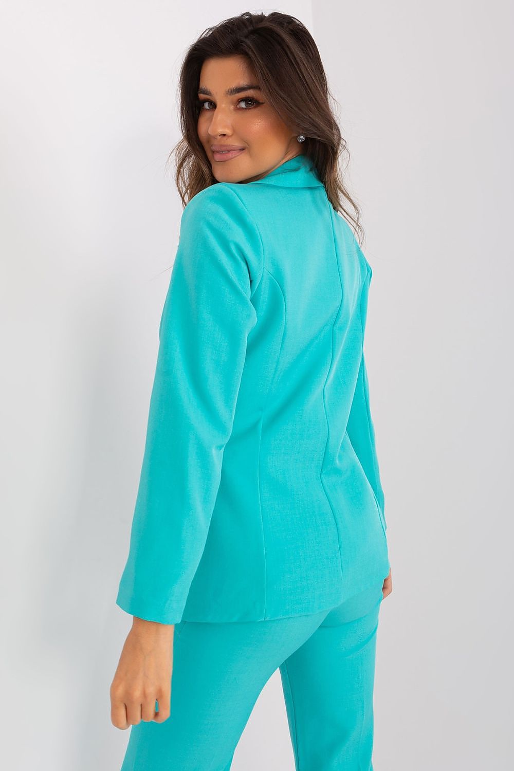 Turquoise casual elegant blazer for women by Italy Moda worn by smiling model from back