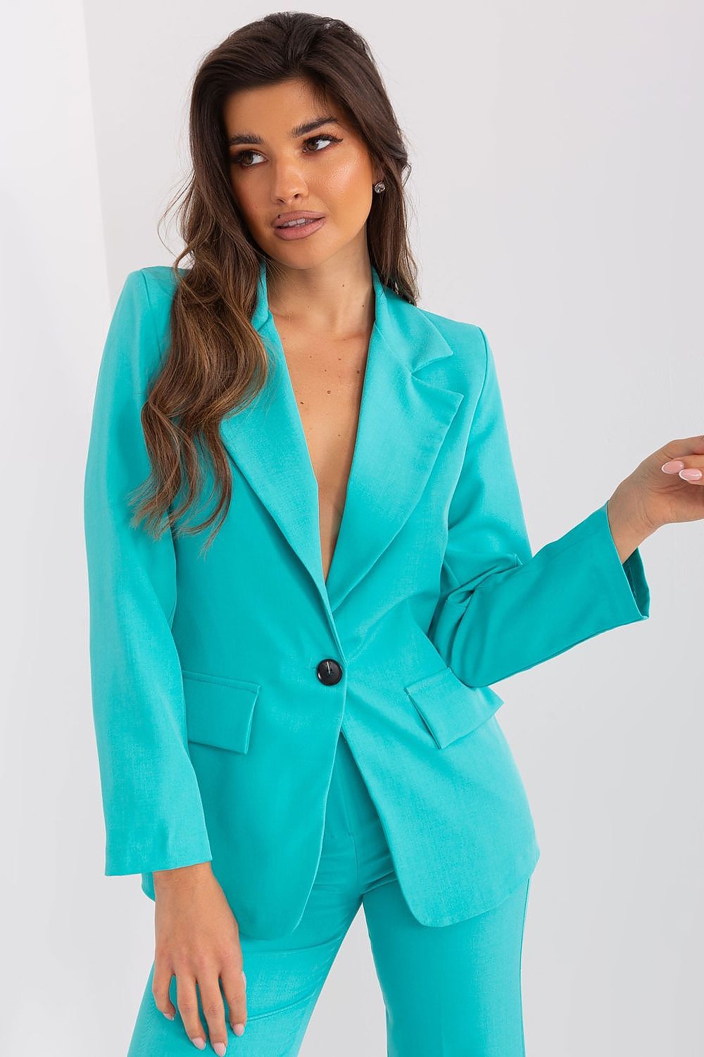 Italy Moda turquoise casual elegant blazer for women with single button and lapel collar
