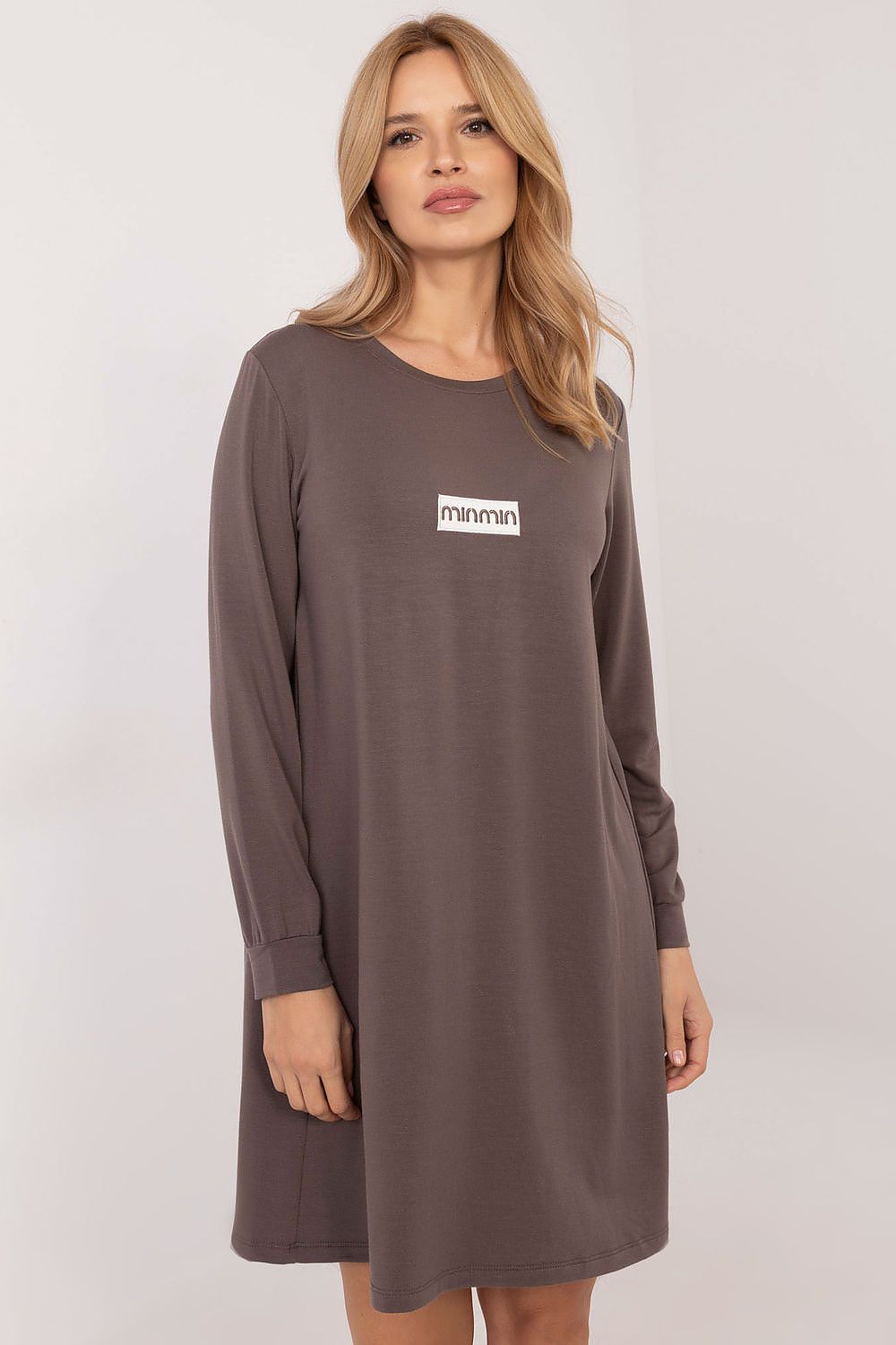 Relevance casual oversized mini dress in brown with long sleeves and logo print on front