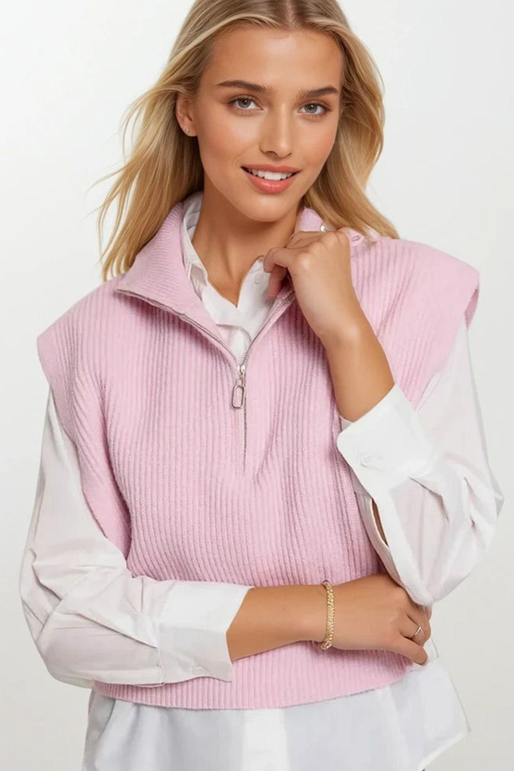 Q2 Colete de Malha com Gola Alta em Meia-Zip e Grandes Cavas em rosa