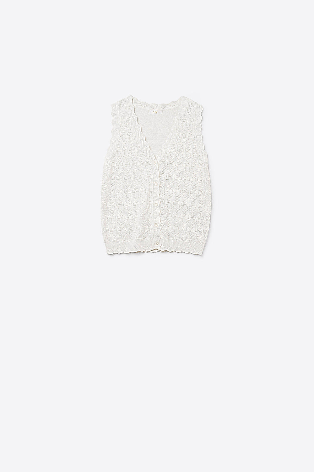 Q2 Colete Tricotado Pointelle com Bordas Onduladas em Branco