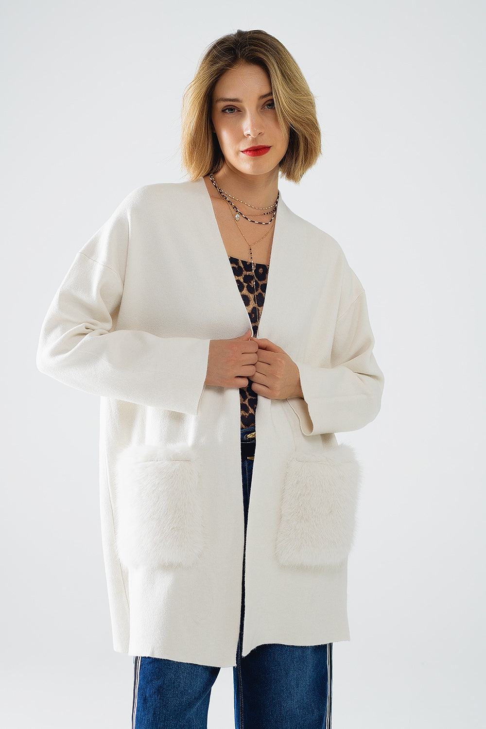 creme Cardigan longo de malha de alta qualidade com bolsos de pele