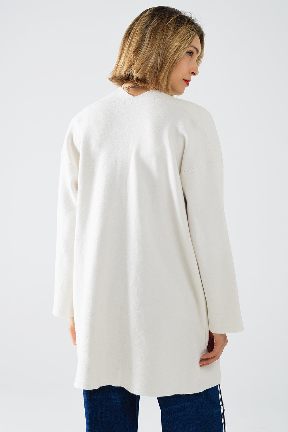 creme Cardigan longo de malha de alta qualidade com bolsos de pele