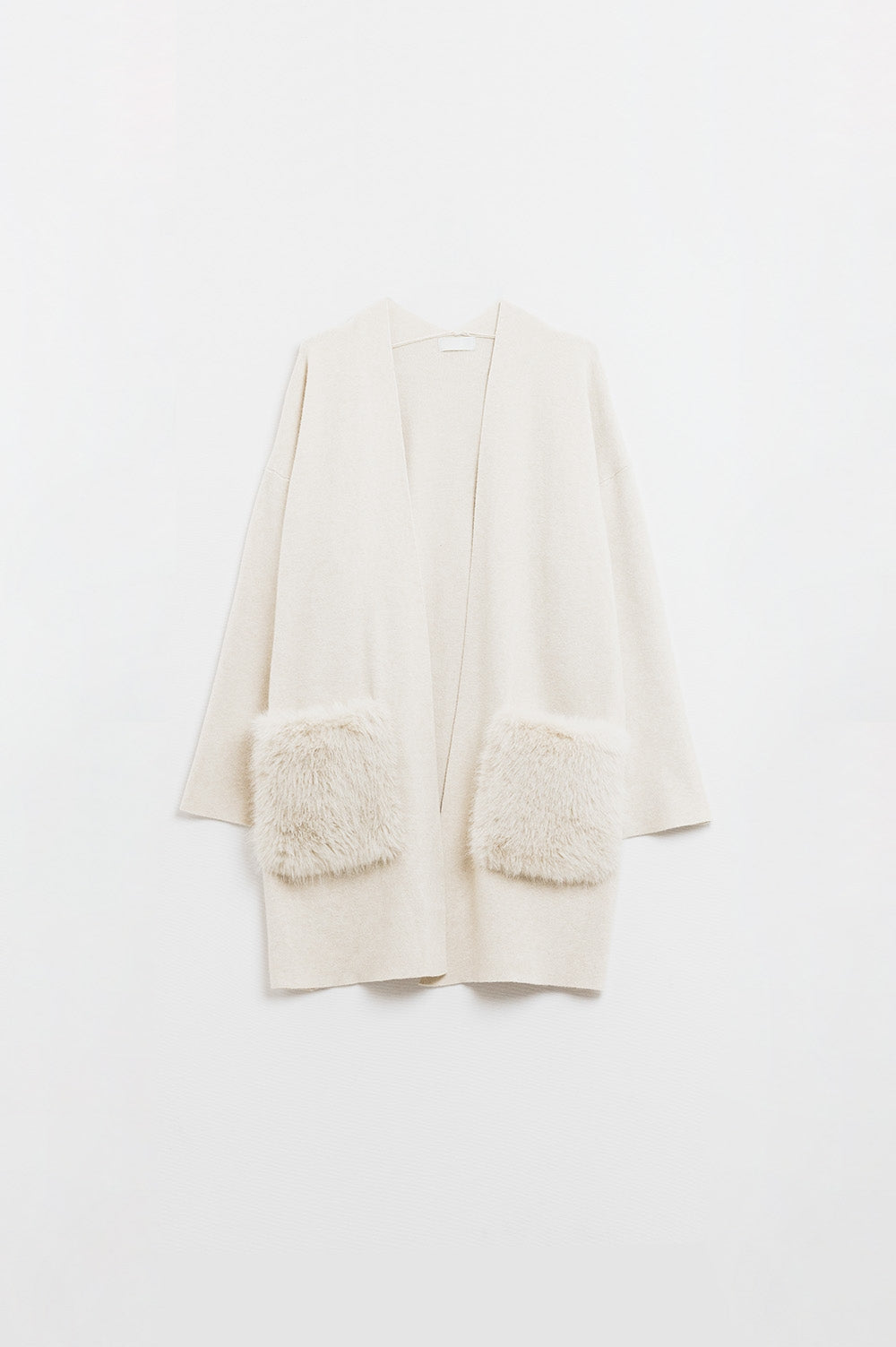 creme Cardigan longo de malha de alta qualidade com bolsos de pele