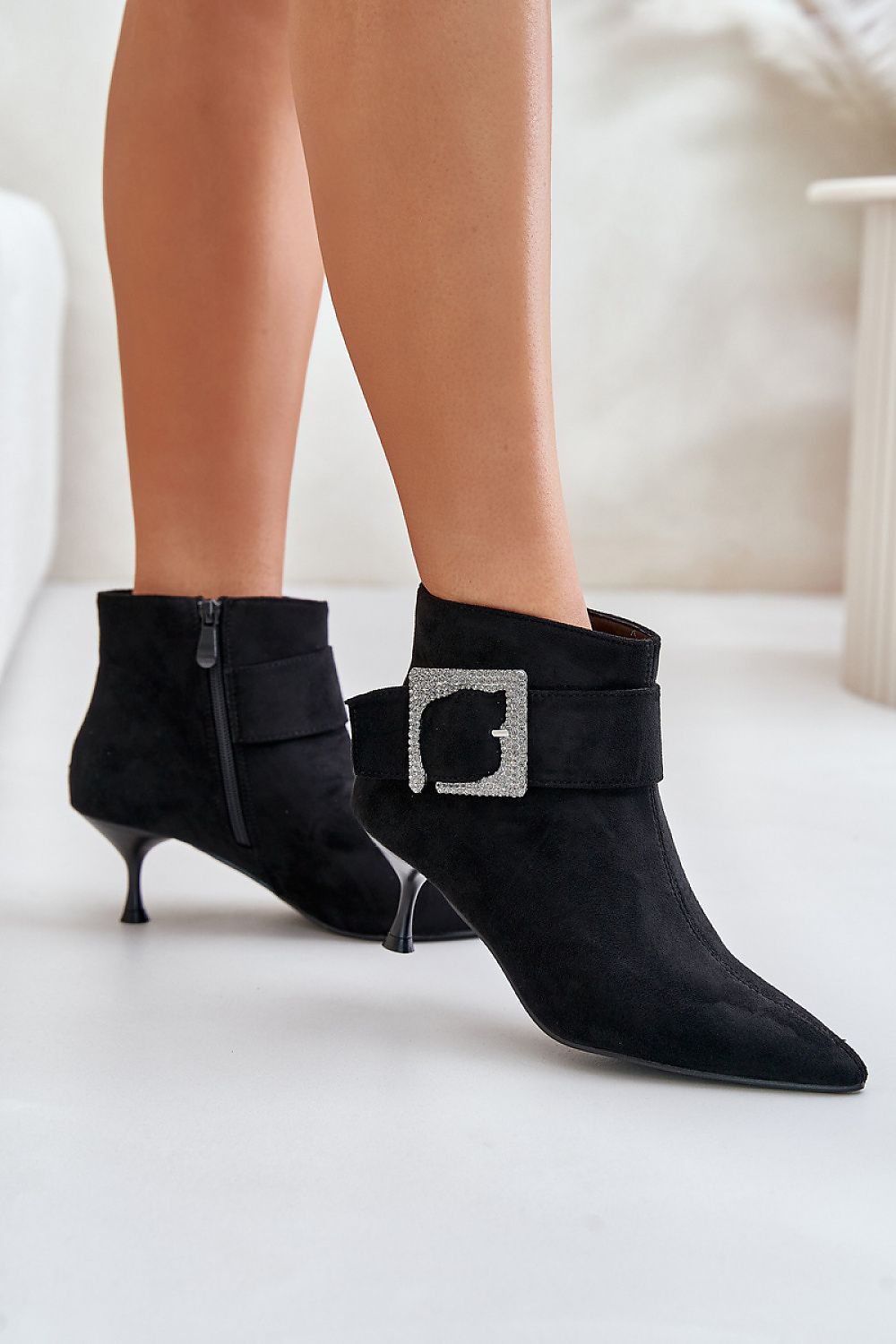 Eco-Suede Stiletto Heel Boots with Decorative Buckle