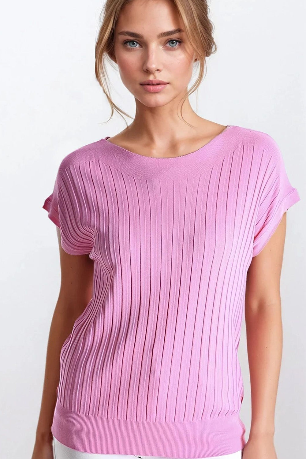 Q2 Fucshia camisola de malha com nervuras finas e gola redonda