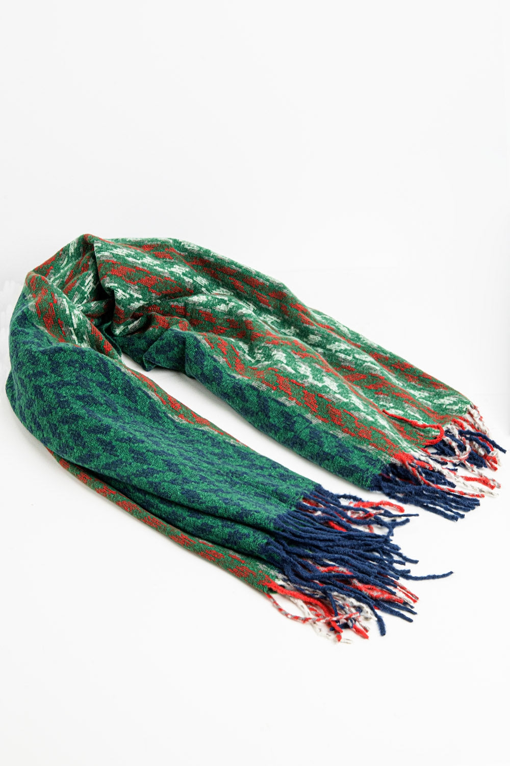 Cachecol com estampa pied-de-poule em verde e vermelho