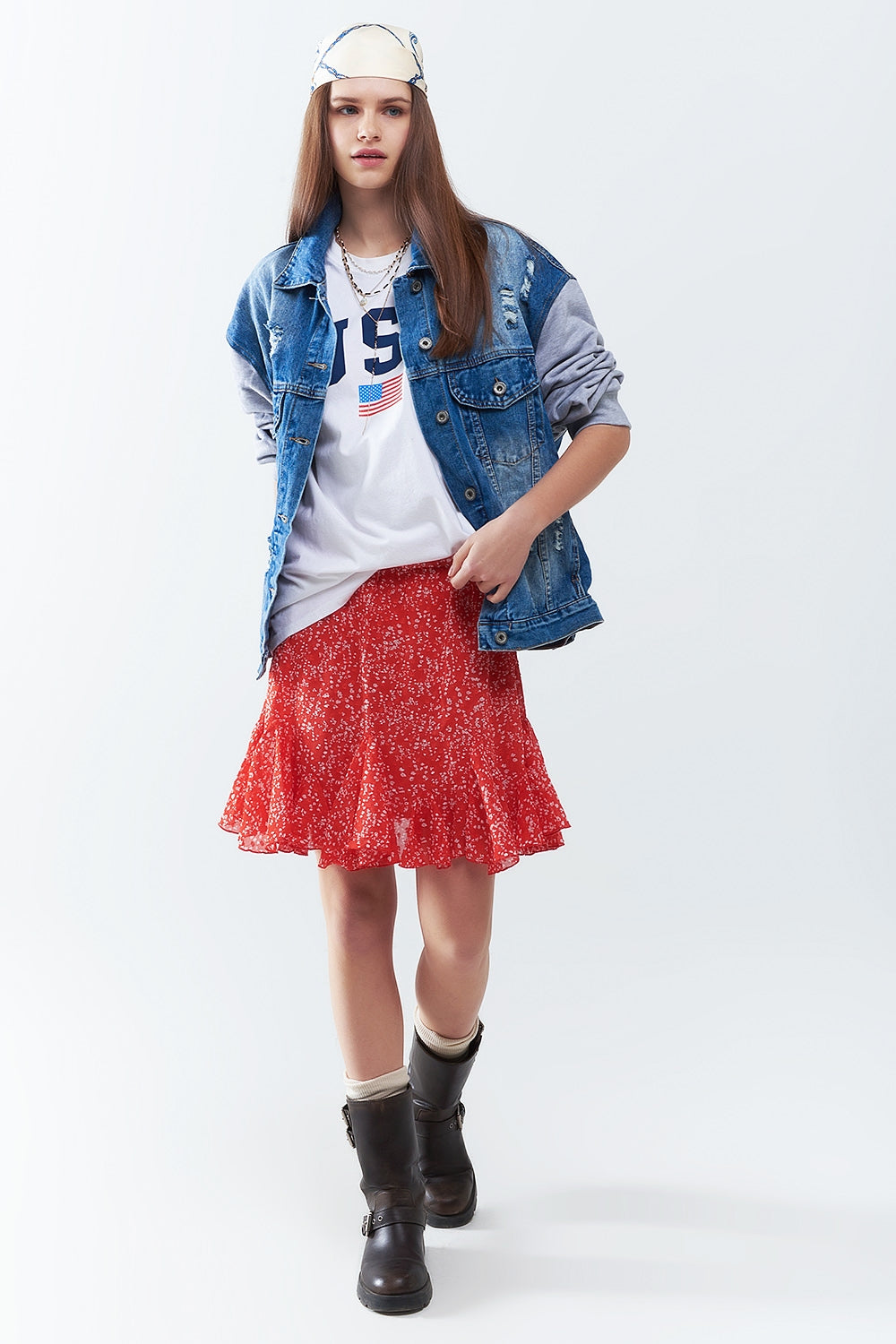 Jaqueta jeans com mangas de tecido jogging